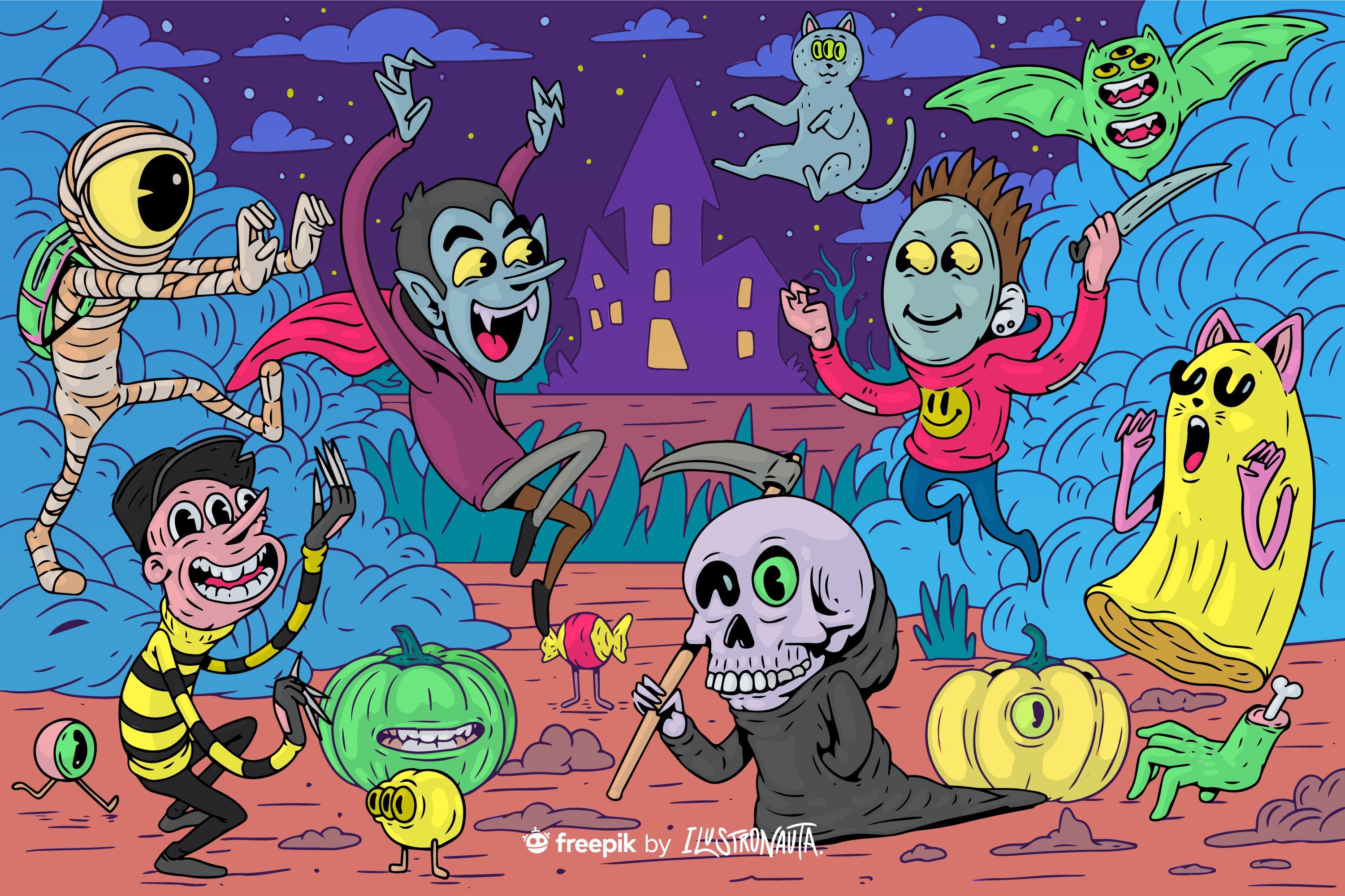 ilustración personajes de halloween en tonos vibrantes