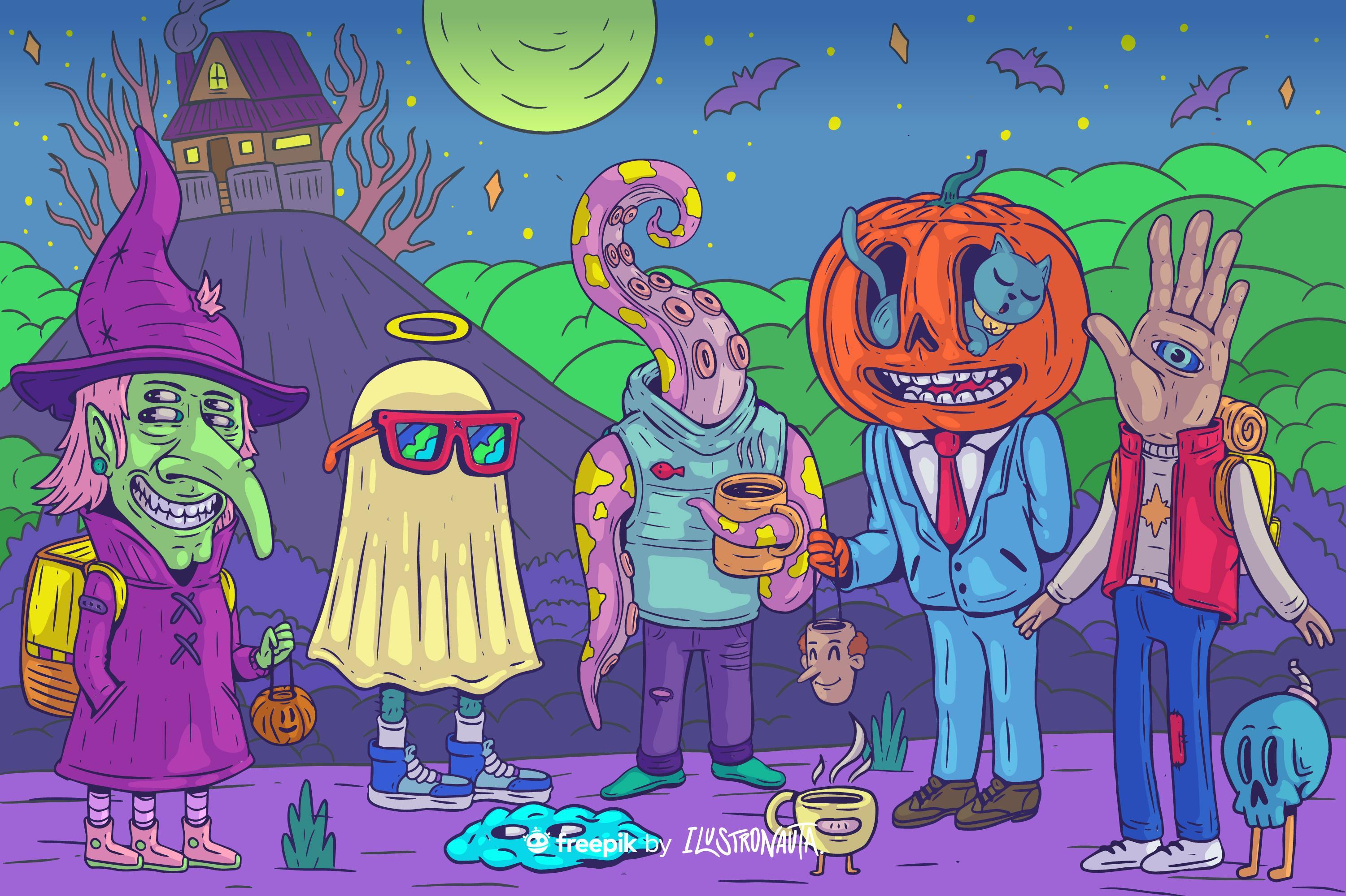 ilustración personajes de halloween en tonos vibrantes