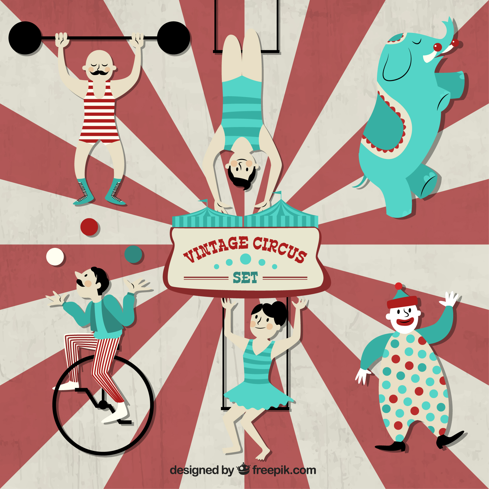 ilustración personajes de circo en tonos pasteles sobre un fondo rayado centrico